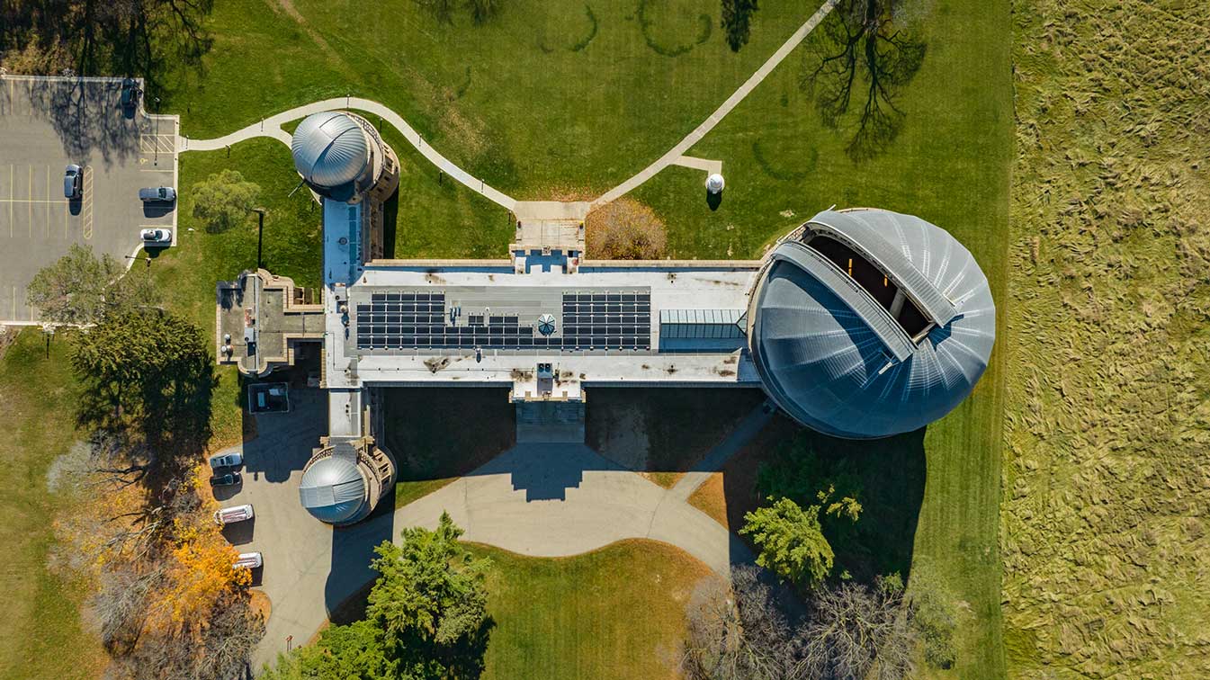 Aerial image of Yerkes Observatory's roof showing solar panels