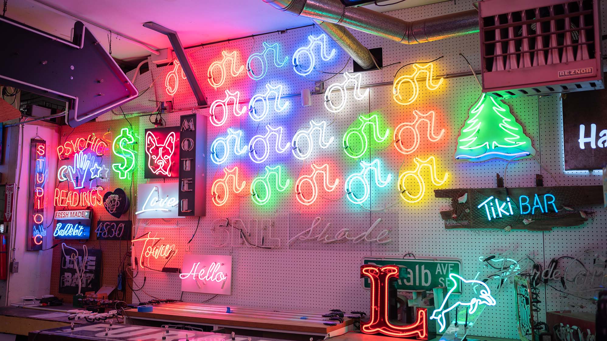 Neon signs in a workshop