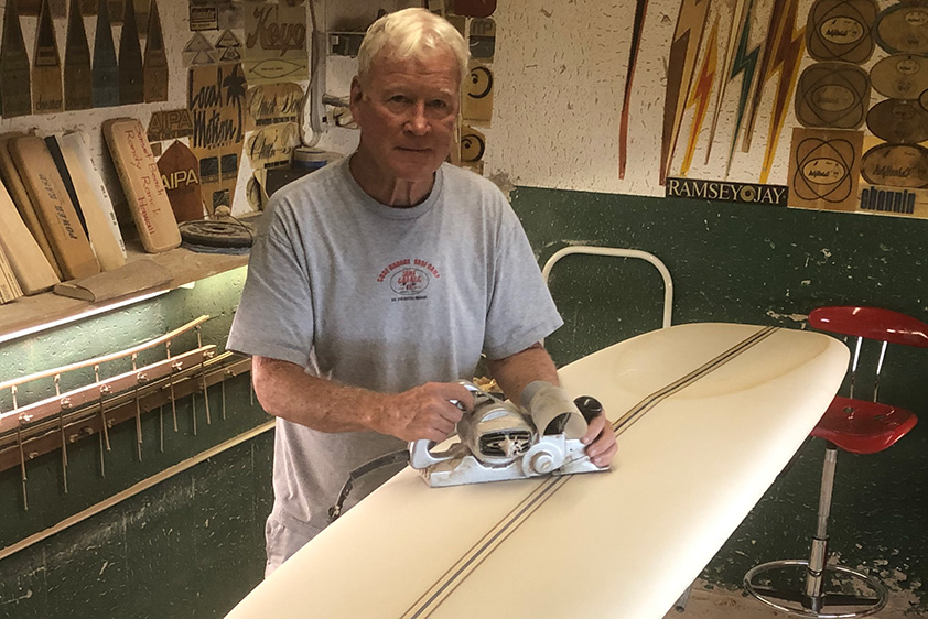 Randy Rarick with His Planer and Surfboard