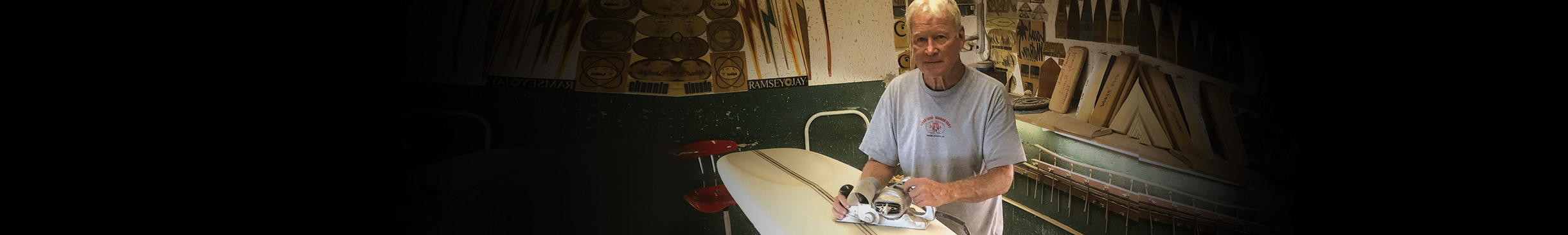 Randy Rarick with His Planer and Surfboard